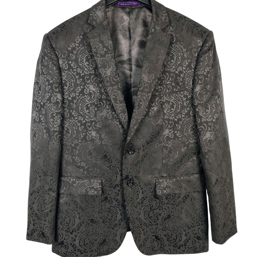Vinci Mens SZ 40R Blazer Black Jacquard Paisley Dragon Regencycore Formal Jacket